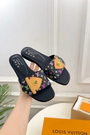 Louis Vuitton Frame Flat Black Mules Luxury Leather Sandals for Women