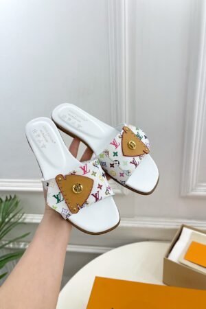 Louis Vuitton Frame Flat White Mules Luxury Leather Sandals for Women