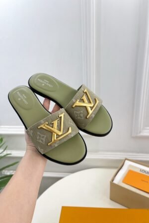 Louis Vuitton Green Monogram Canvas Flat Slides Women